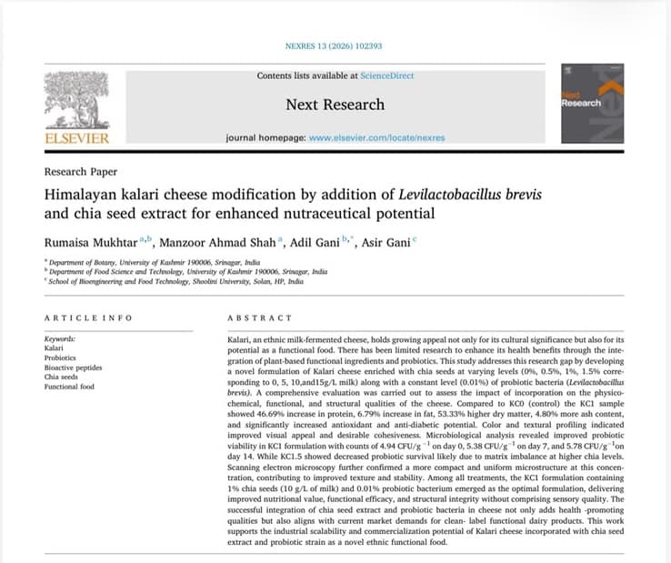 Himalayan kalari cheese modification by addition of Levilactobacillus brevis and chia seed extract for enhanced nutraceutical potential