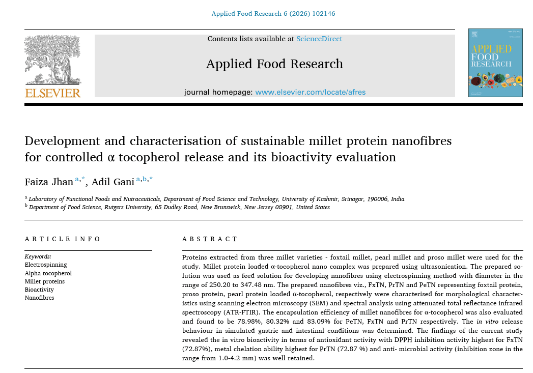 Development and characterisation of sustainable millet protein nanofibres for controlled -tocopherol release and its bioactivity evaluation